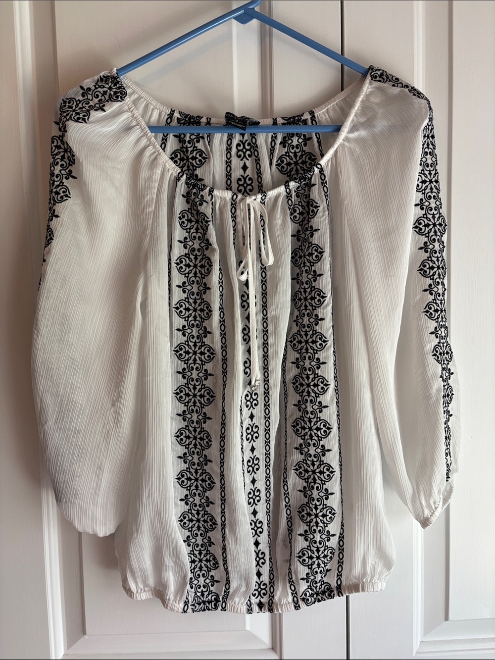 White House Black Market White Peasant Tunic with Black Embroidery